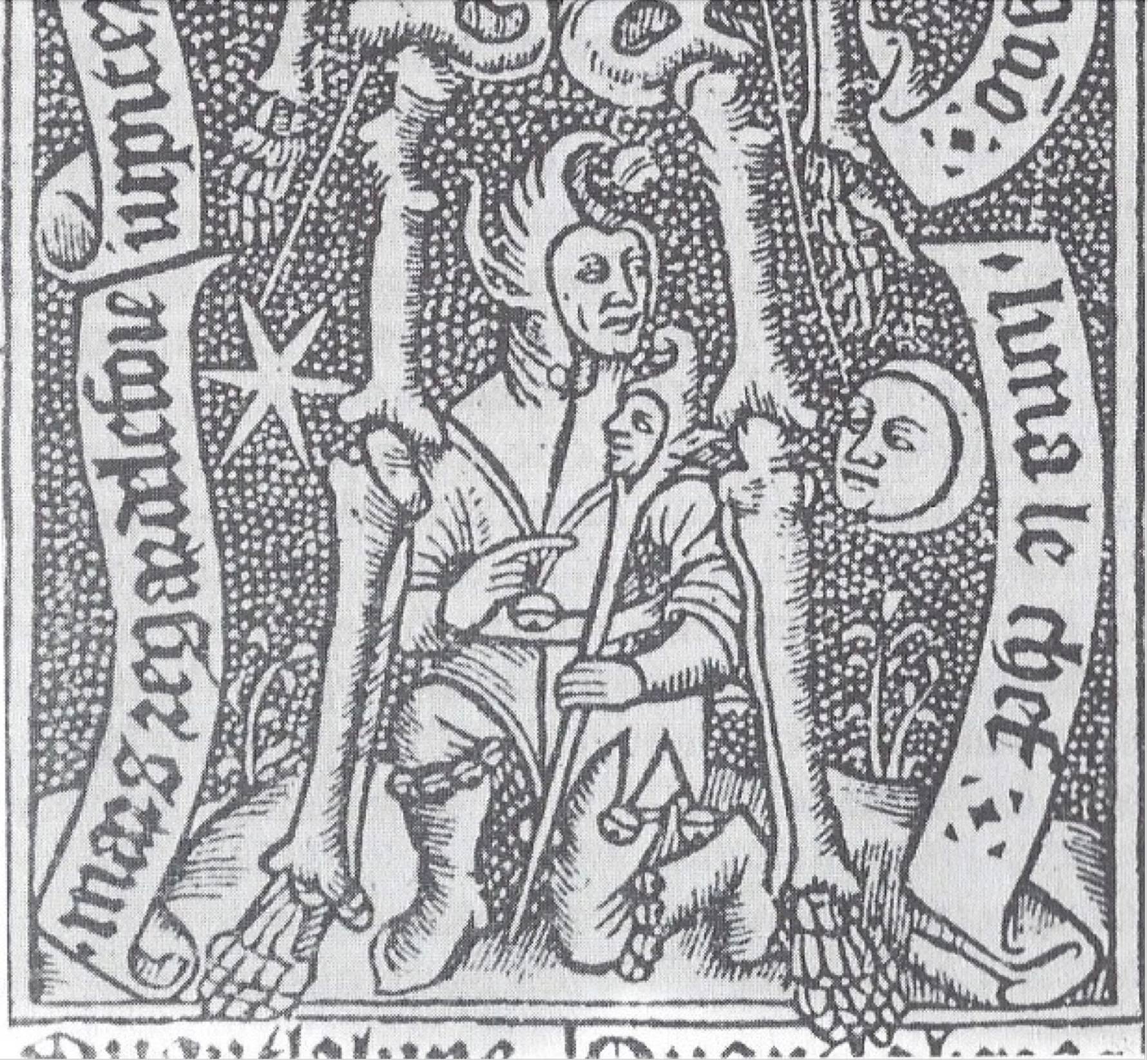 Détail de la gravure de l'homme astrologique, Compost et Kalendrier des Bergers : le fou aux pieds du squelette, sous l'influence de Mercure