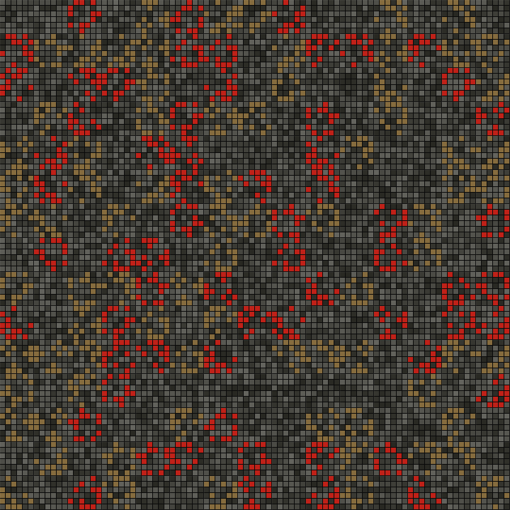 Grille 90×90 de symboles générée par l'encodeur, avec les cases de lecture surlignées en rouge et les cases structurées en or