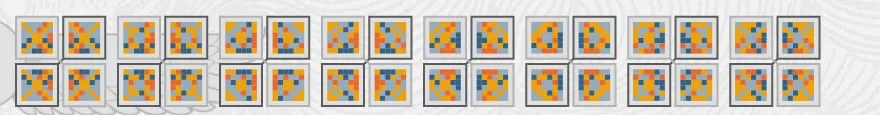 Detail of a row of squares from the Referent 256, derived from the ansate cross, in four colours