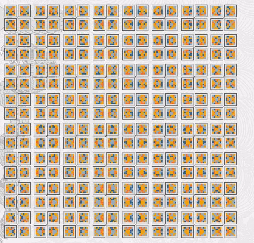 Planche du Référent 256 : les 256 carrés magiques d'ordre 6 issus de la croix ansée, en quatre couleurs, disposés en grille
