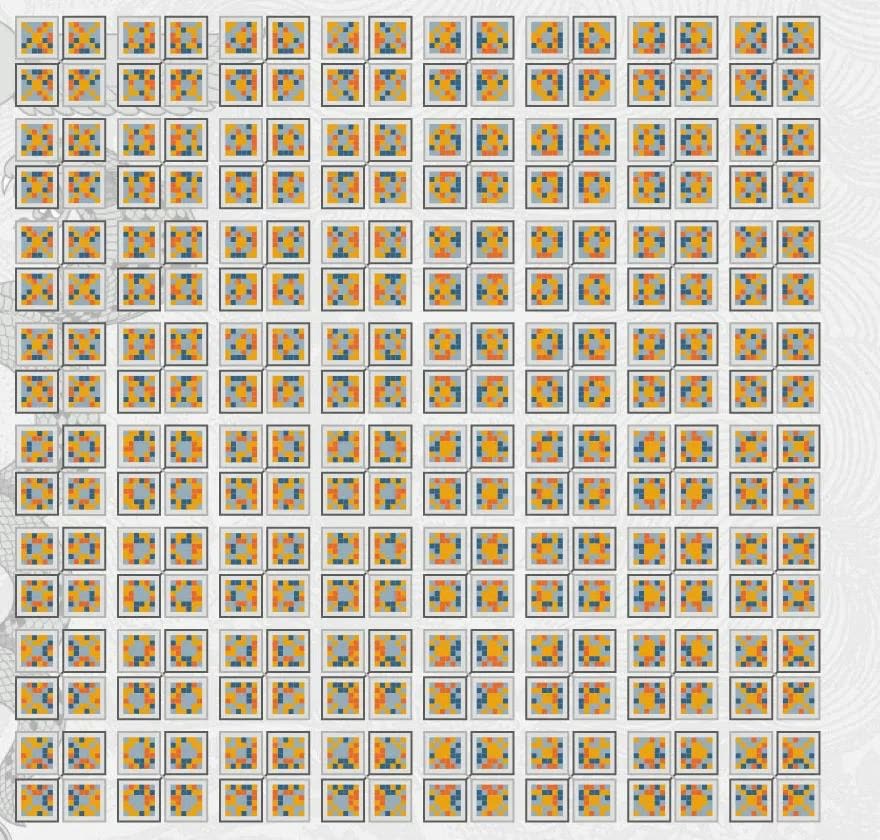 Plate of the Referent 256: the 256 magic squares of order 6 drawn from the ansate cross, in four colours, arranged in a grid