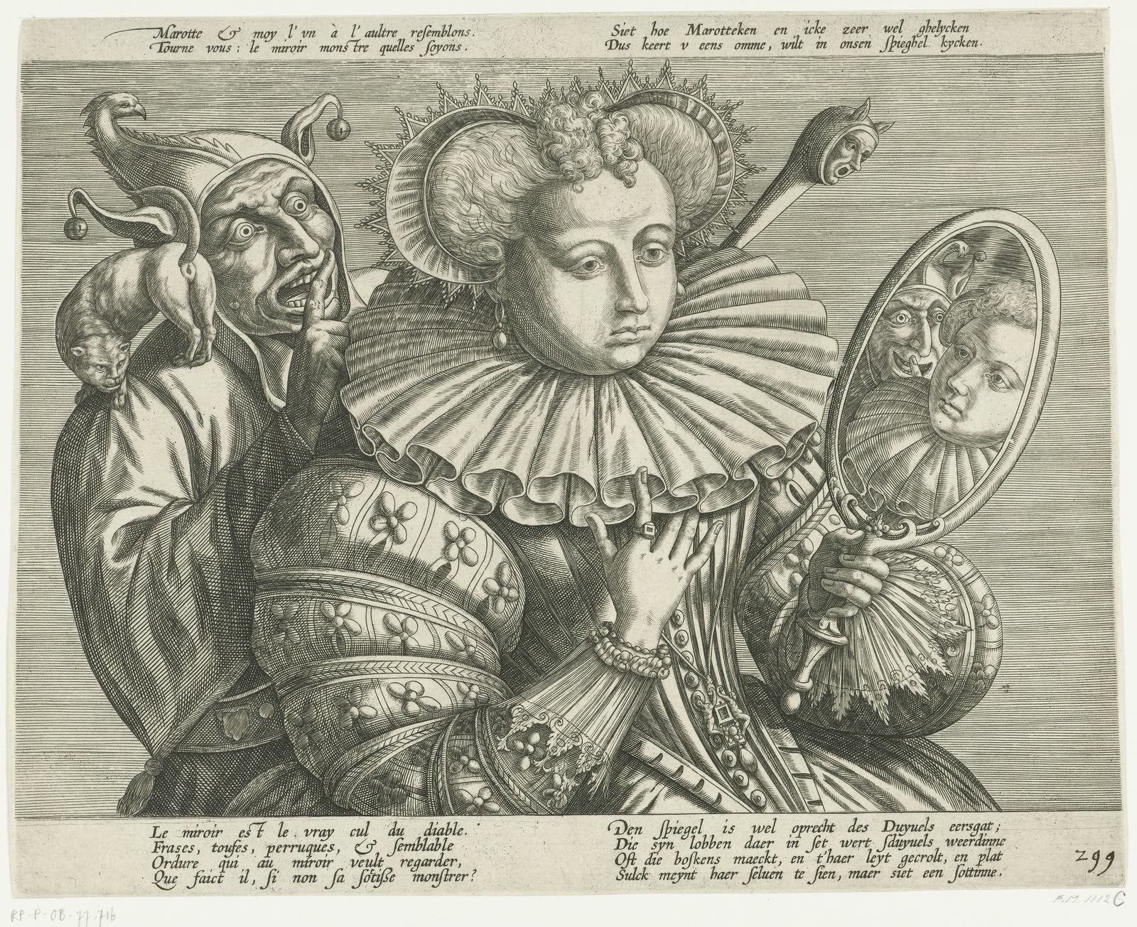 Vrouw met spiegel en nar: anonymous Dutch engraving, c. 1600