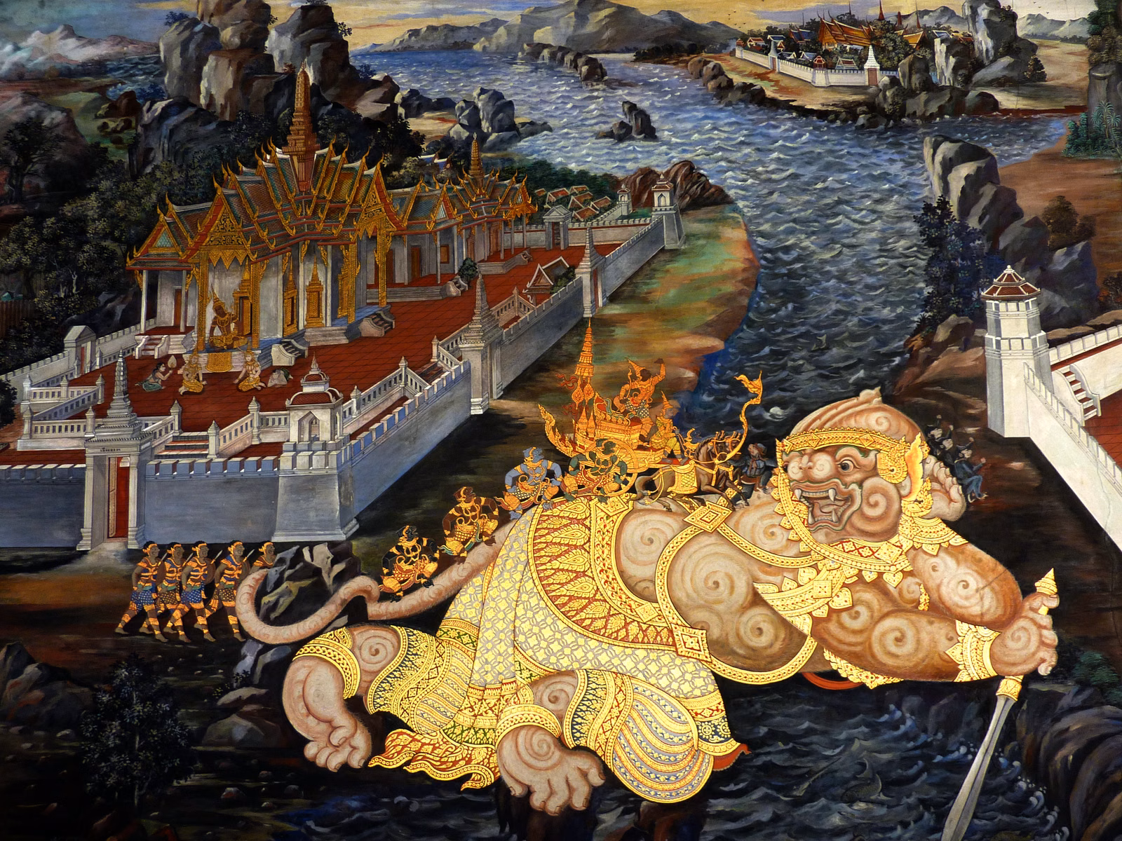 Fresque du Ramakien représentant un géant du Ramayana portant un char doré sur son dos à travers la mer, avec des soldats marchant le long de sa queue