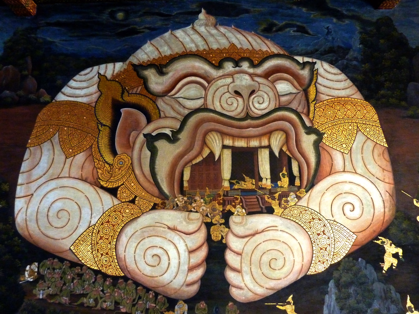 Fresque du Ramakien représentant Phra Ram et Nang Sida cachés dans la bouche géante de Hanuman