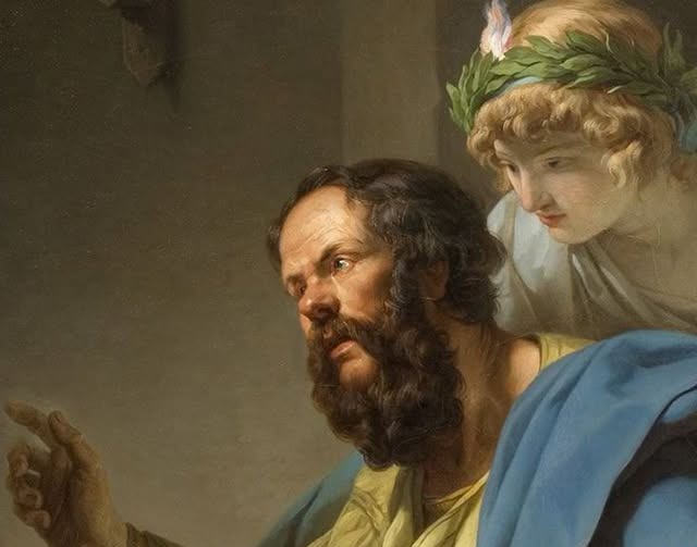 Détail du tableau Alcibiade instruit par Socrate montrant Socrate et la figure penchée vers lui