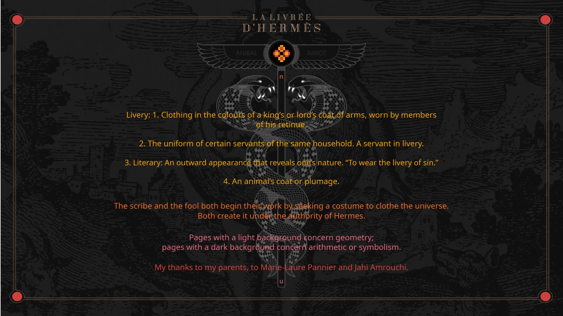 Definition of the word “livery”, the page backgrounds (light for geometry, dark for arithmetic or symbolism) and the acknowledgements.