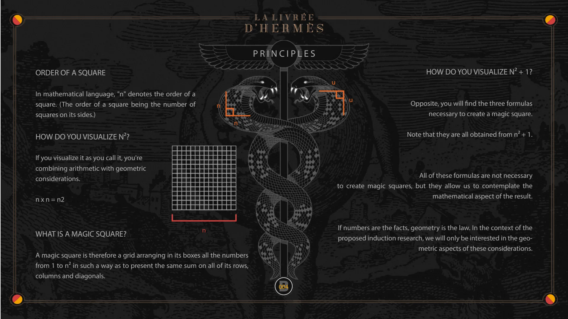 Principles: the order of a square, n², n² + 1, and what a magic square is.