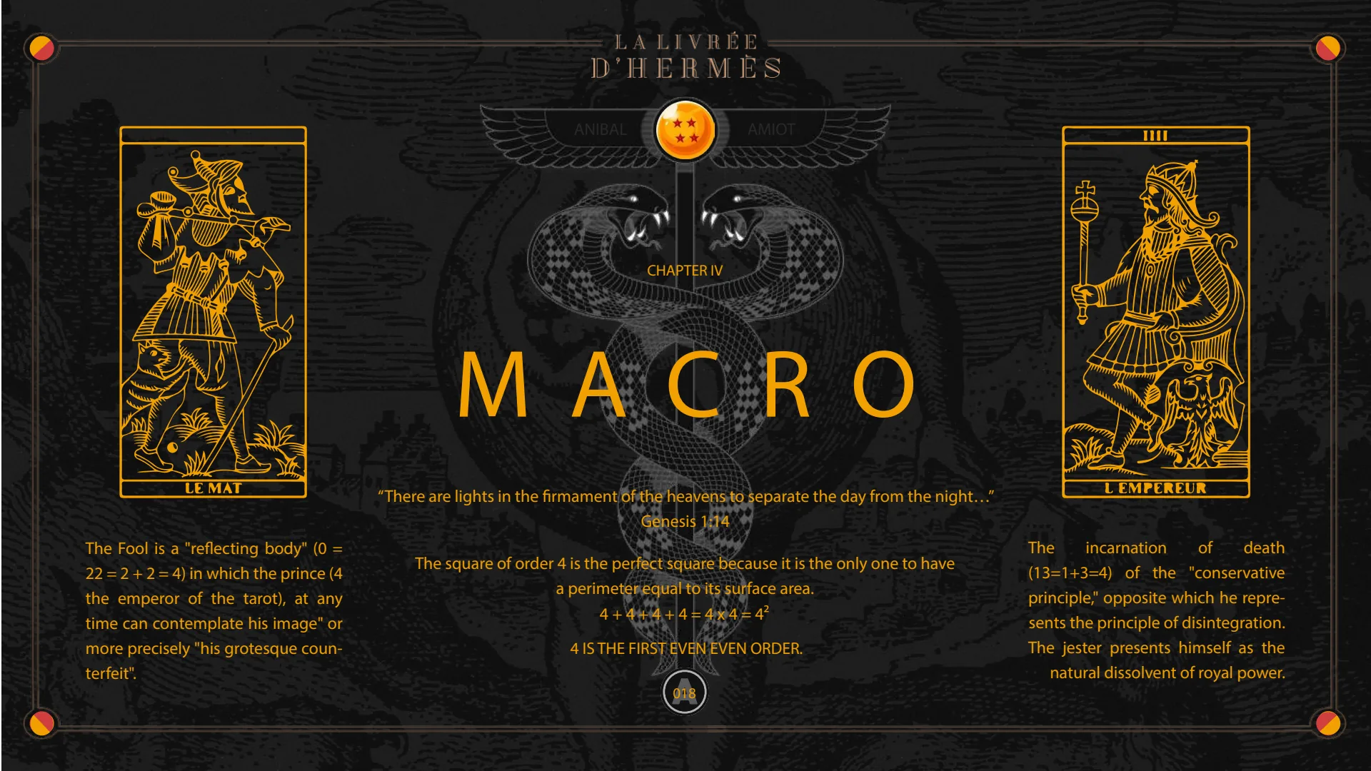 Chapter IV, Macro: 4 is the first even even order; the Fool and the emperor of the tarot.