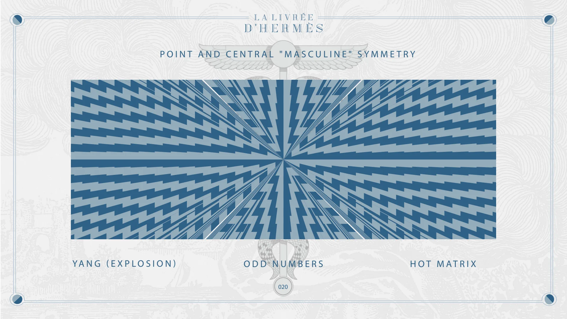 Point and “masculine” central symmetry: yang (explosion), odd numbers, hot matrix.