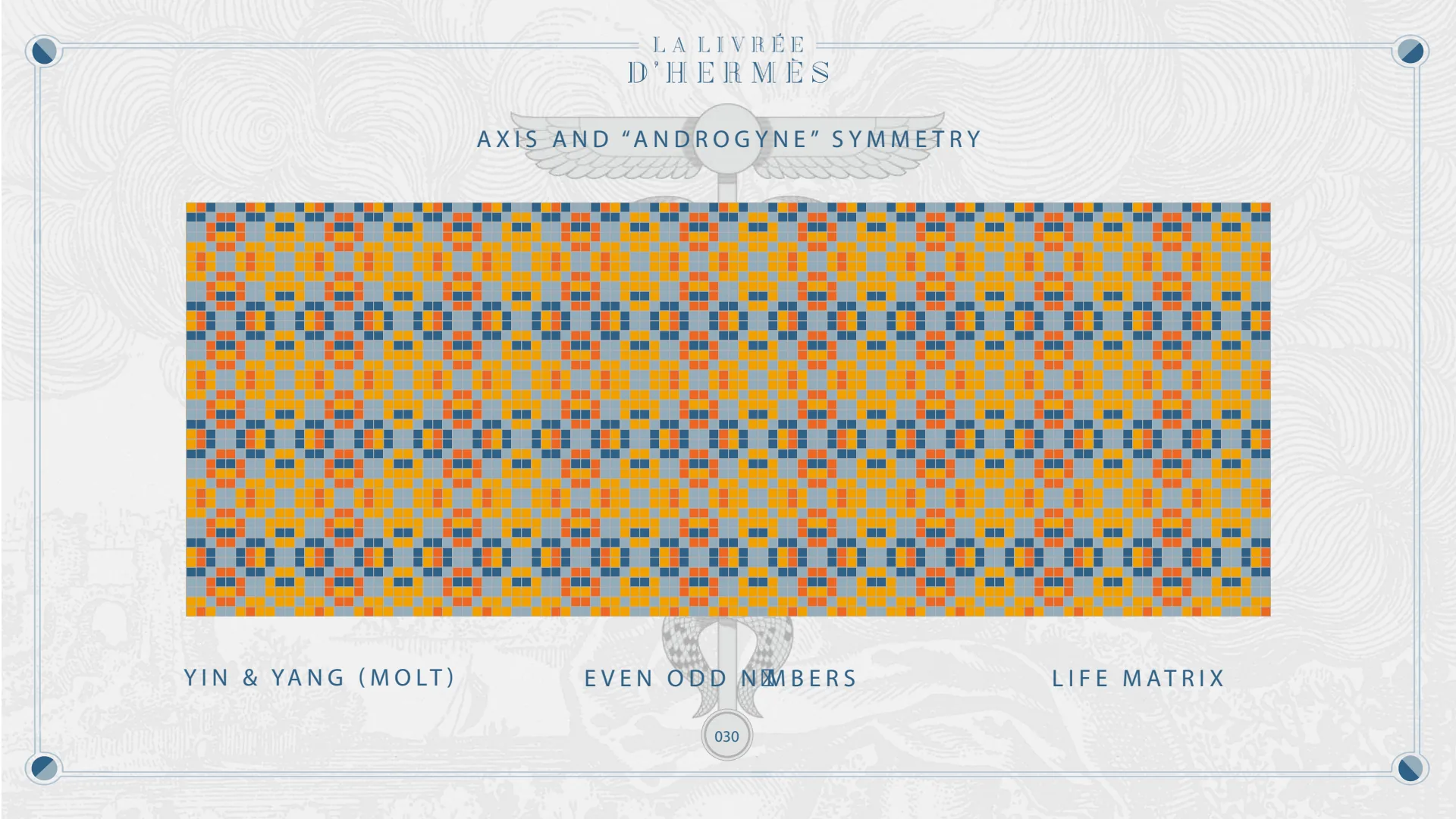 Yin and yang (molt): axis and “androgyne” symmetry, even odd numbers, life matrix.