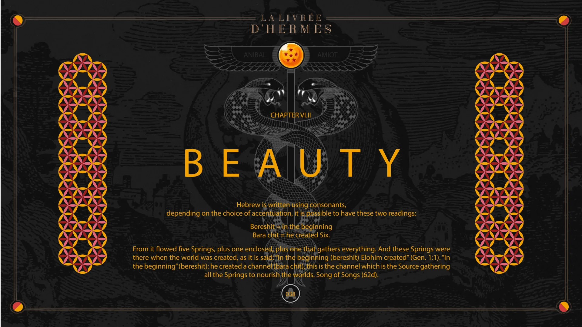 Chapter VI.II, Beauty: Bereshit, “in the beginning”, and Bara chit, “he created Six”.