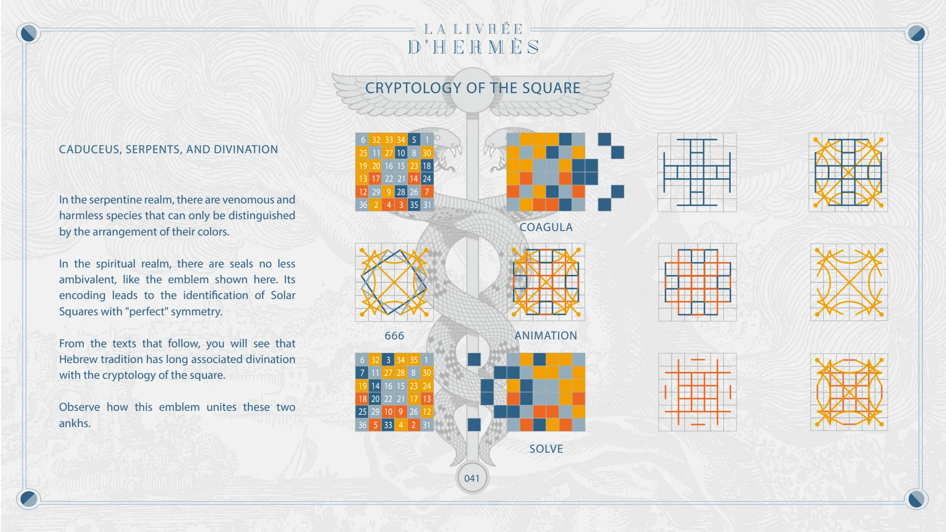 Caduceus, serpents and divination: the cryptology of the square — coagula, animation, solve.