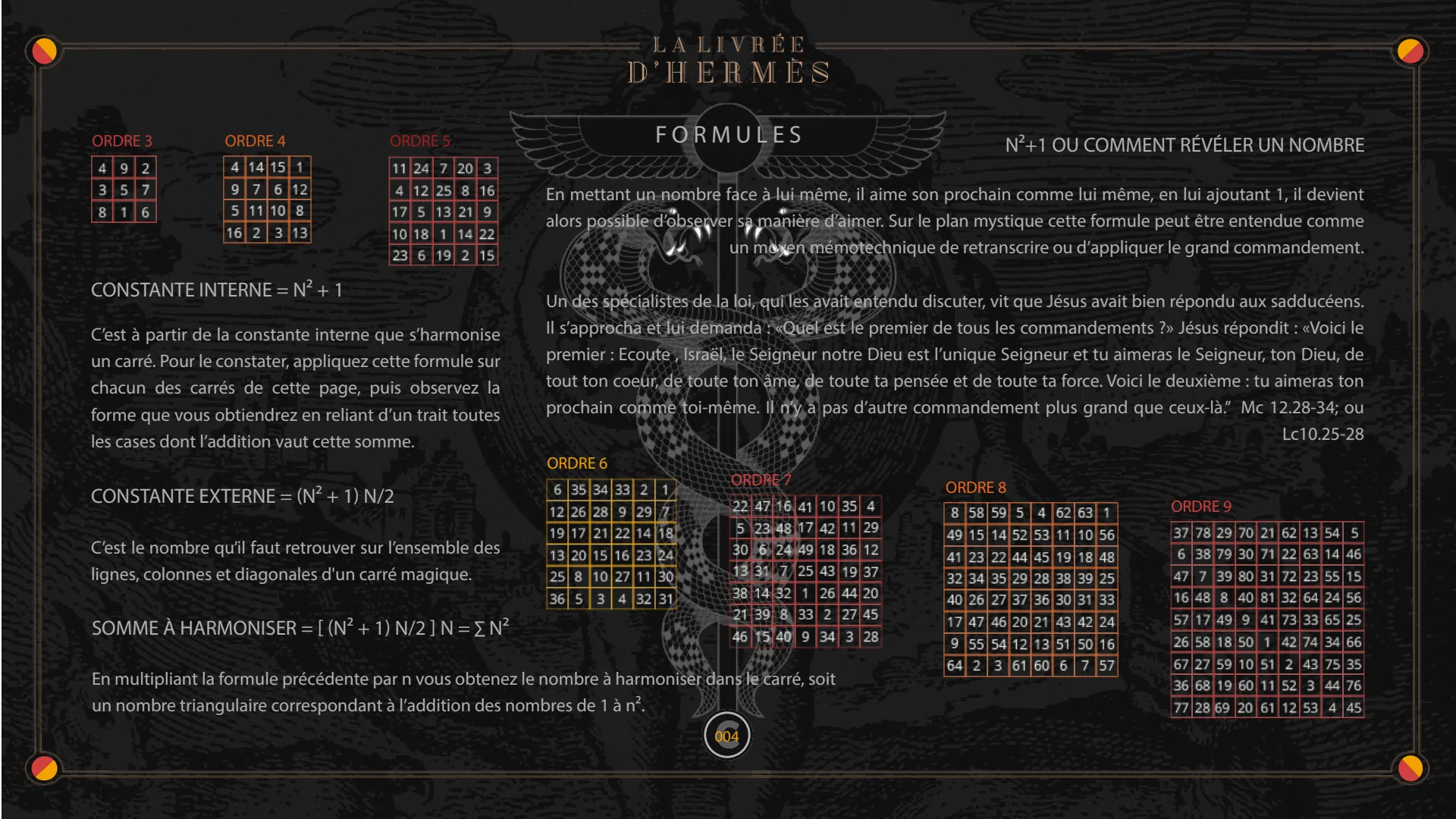 Formules : constante interne, constante externe et somme à harmoniser, sur les carrés d'ordre 3 à 9.