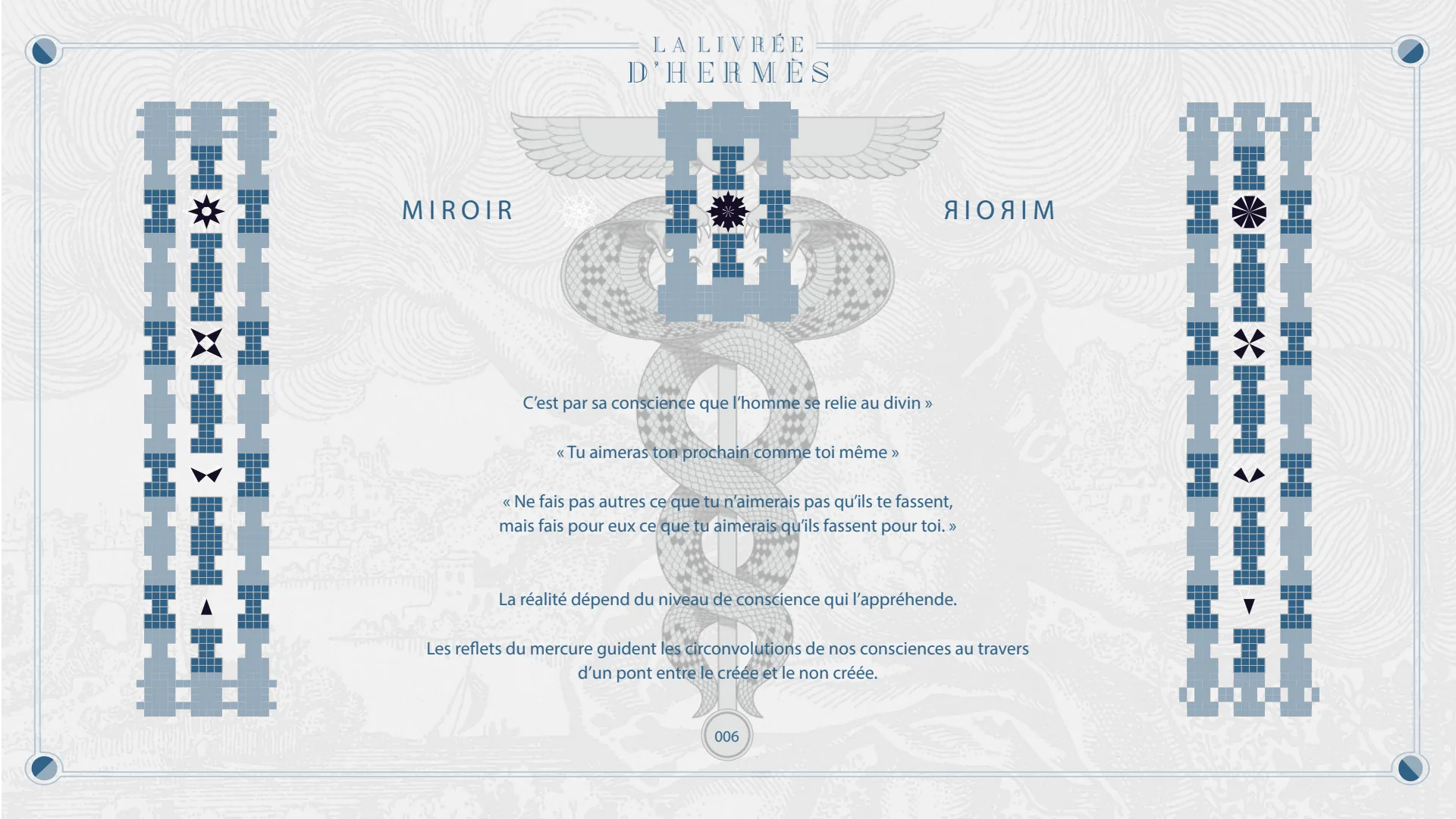 Miroir : « Tu aimeras ton prochain comme toi-même » ; la réalité dépend du niveau de conscience qui l'appréhende.