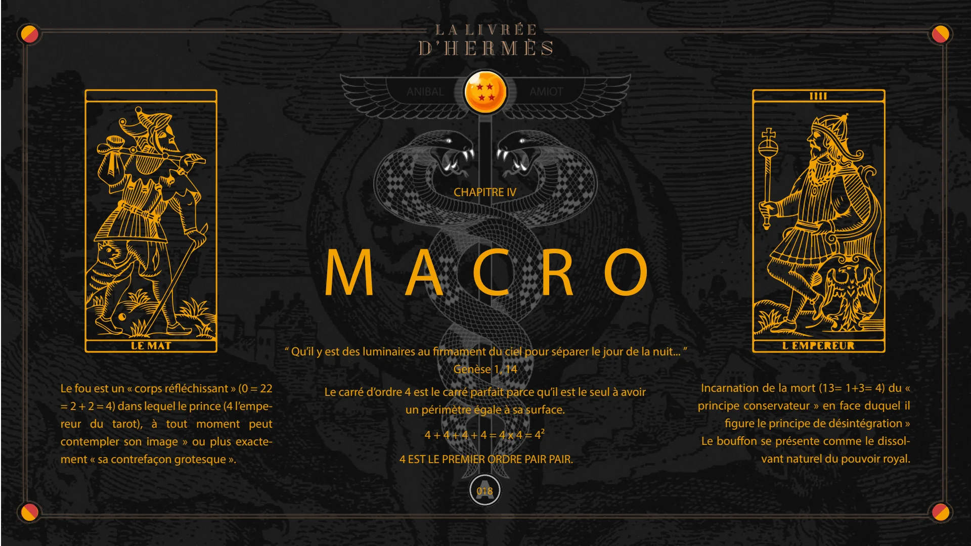 Chapitre IV, Macro : 4 est le premier ordre pair pair ; le fou et l'empereur du tarot.