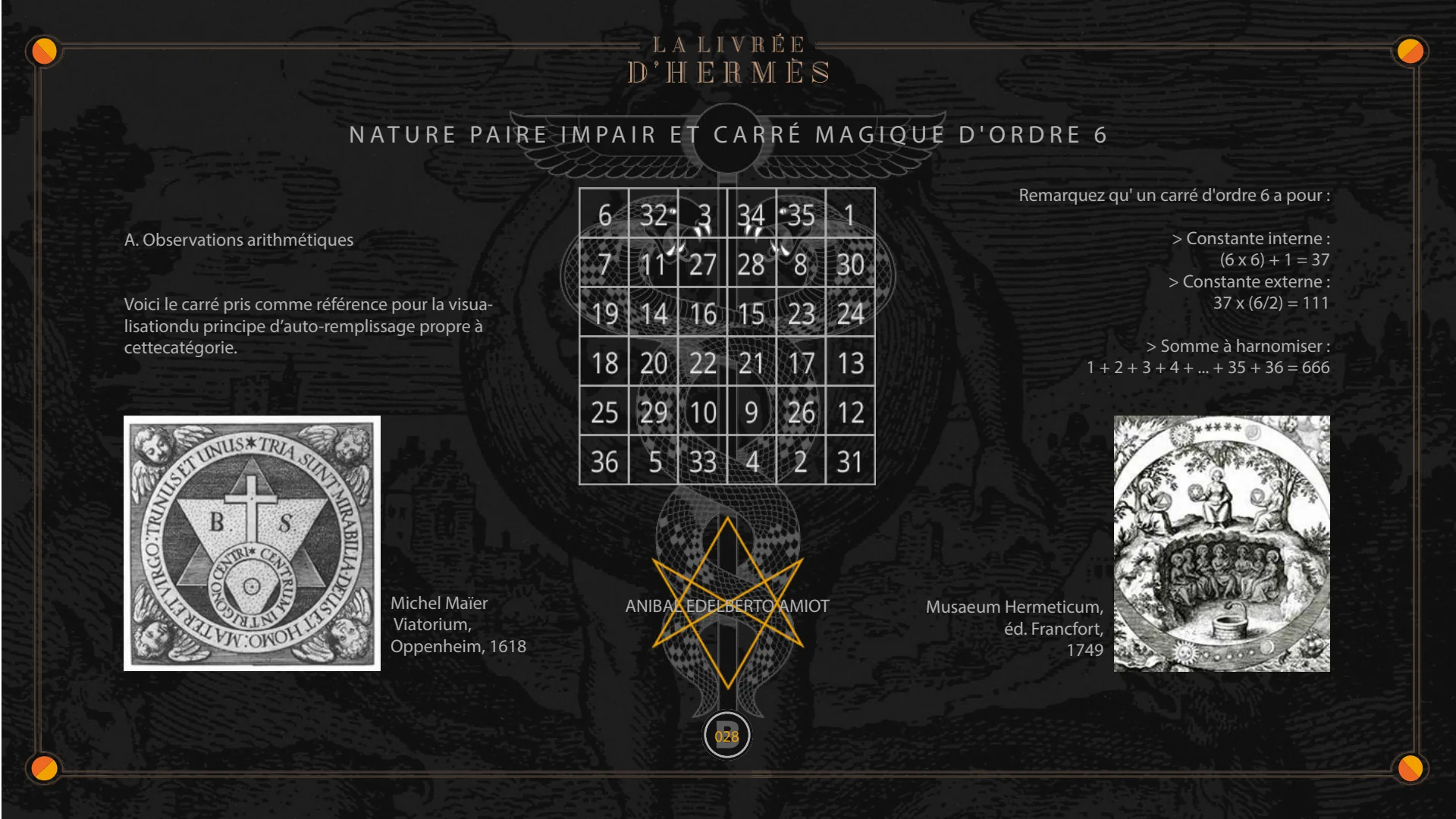 Nature paire impaire et carré magique d'ordre 6 : constante interne 37, constante externe 111, somme 666.
