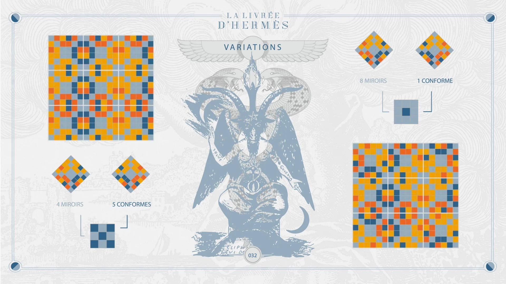 Variations : 4 miroirs et 5 conformes, 8 miroirs et 1 conforme.