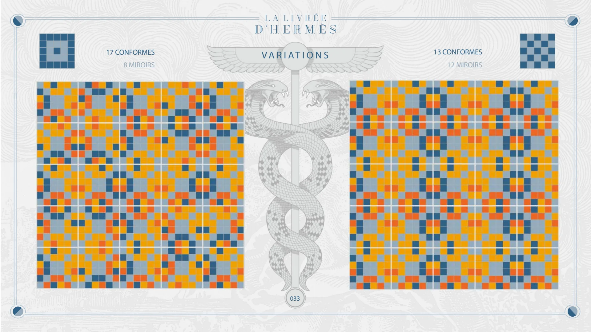 Variations : 17 conformes et 8 miroirs, 13 conformes et 12 miroirs.
