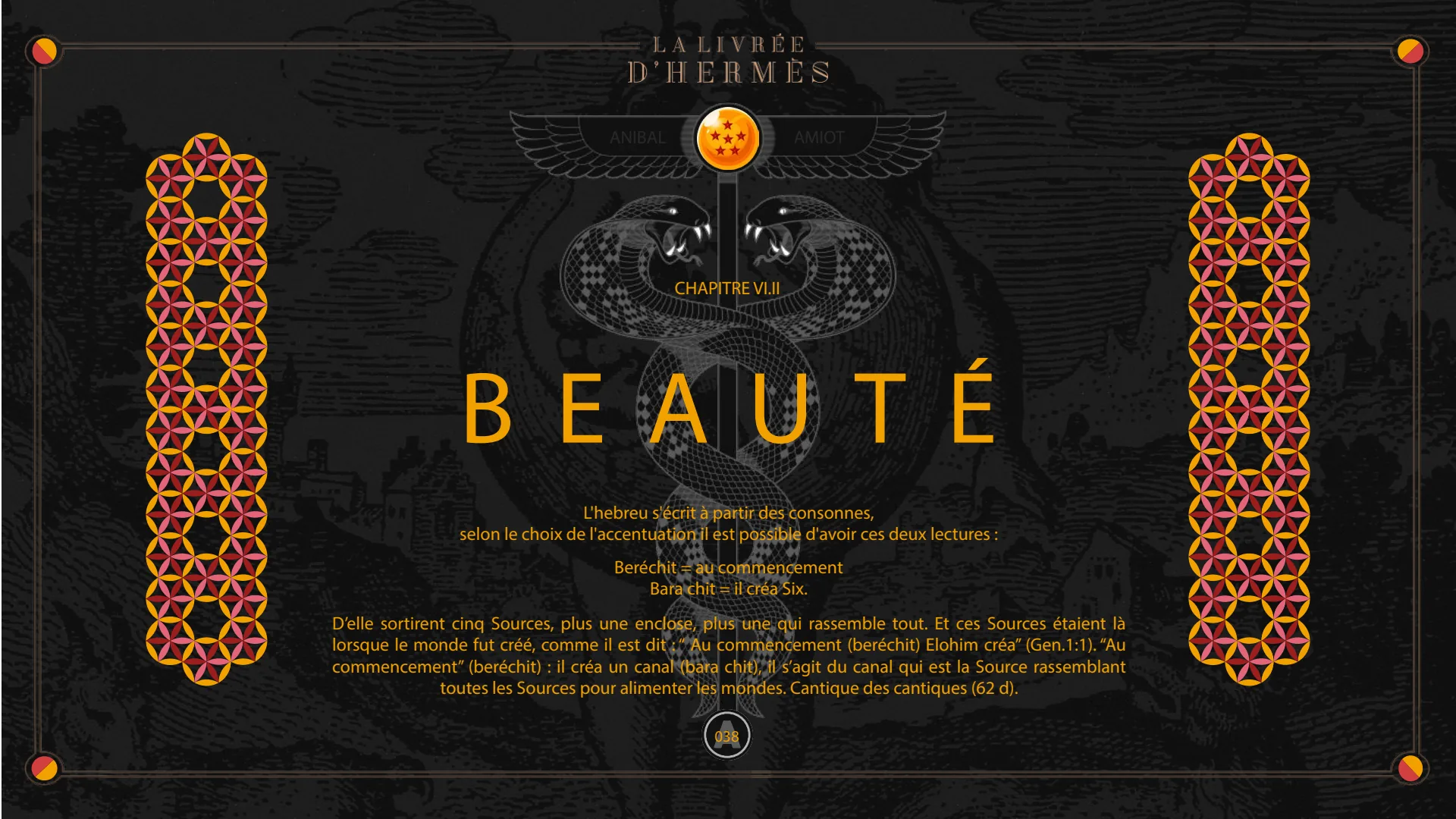 Chapitre VI.II, Beauté : Beréchit, « au commencement », et Bara chit, « il créa Six ».