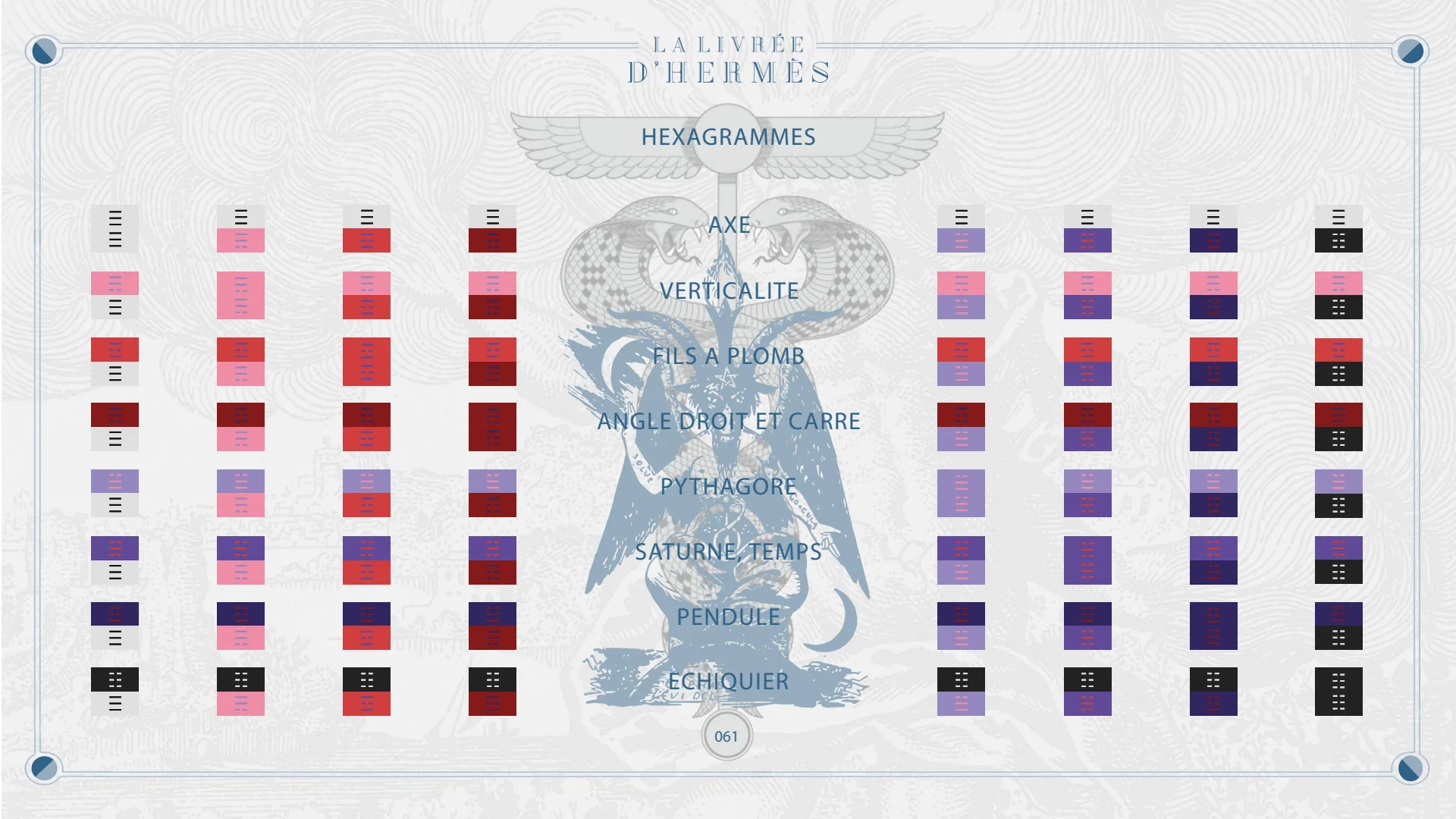 Hexagrammes : verticalité, fil à plomb, angle droit et carré, Pythagore, Saturne et le temps, pendule, échiquier.