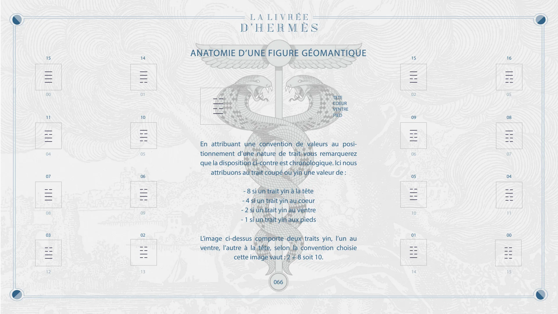 Anatomie d'une figure géomantique : tête, cœur, ventre, pied.